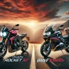 トライアンフ ロケット3RとBMW K1600Bの高級ツアラーバイク比較｜夕暮れの山道に並ぶ2台のバイク