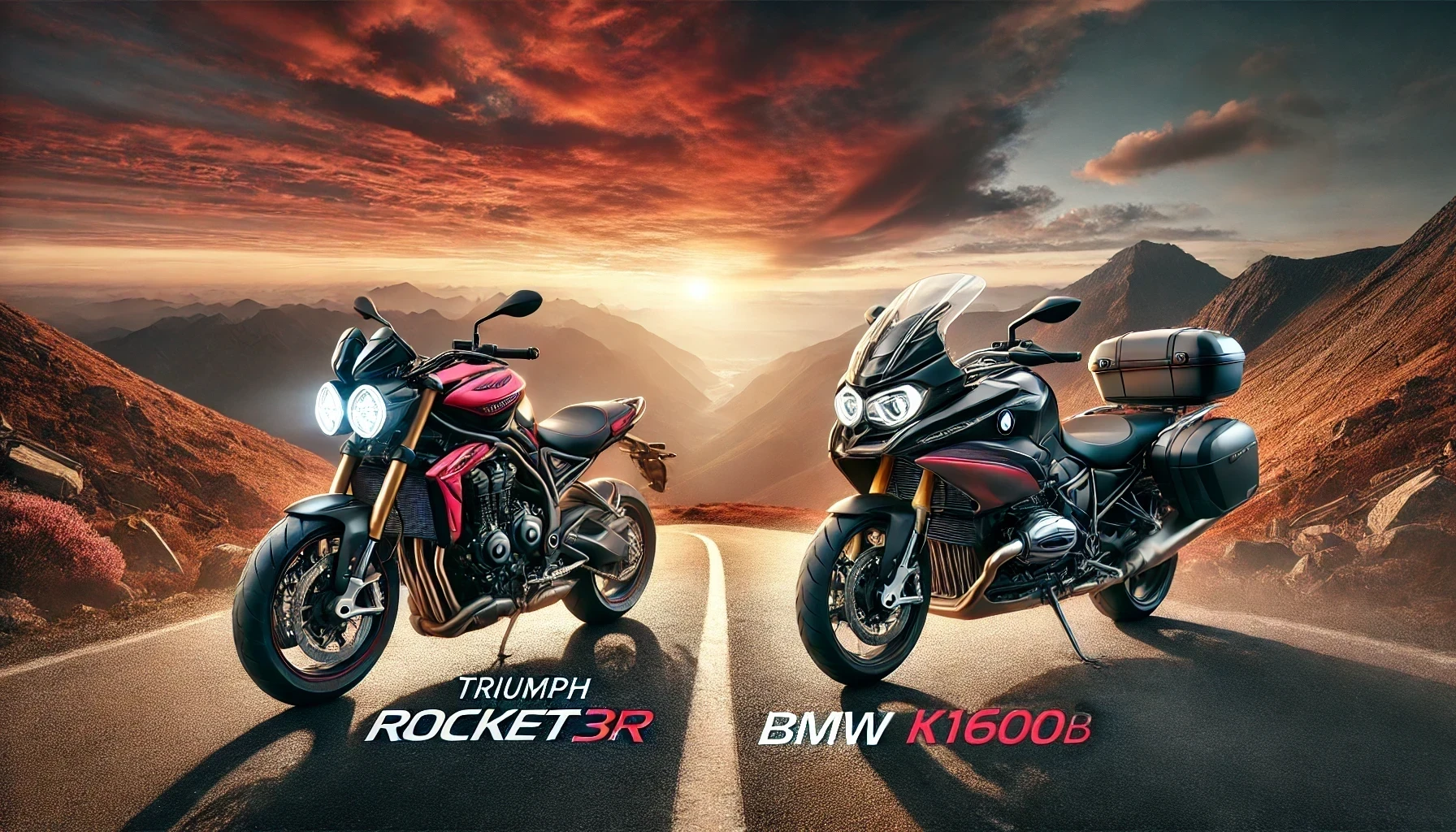 トライアンフ ロケット3RとBMW K1600Bの高級ツアラーバイク比較｜夕暮れの山道に並ぶ2台のバイク