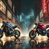 ヤマハXSR900とドゥカティ・モンスター937が都会の夜道で向かい合う比較イメージ。ネオクラシックバイクの資産価値と個性を象徴する構図。