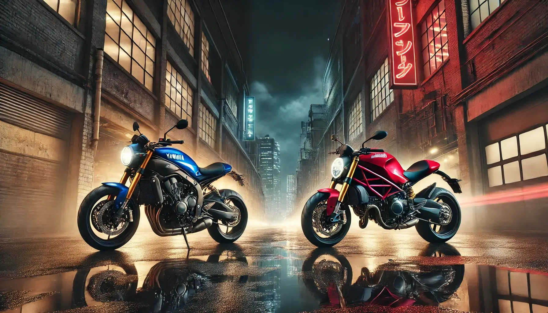 ヤマハXSR900とドゥカティ・モンスター937が都会の夜道で向かい合う比較イメージ。ネオクラシックバイクの資産価値と個性を象徴する構図。