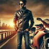 夕暮れの橋の上で高級バイクと佇む40代ライダー。資産価値のあるバイクを守るための生命保険見直しをイメージした写真
