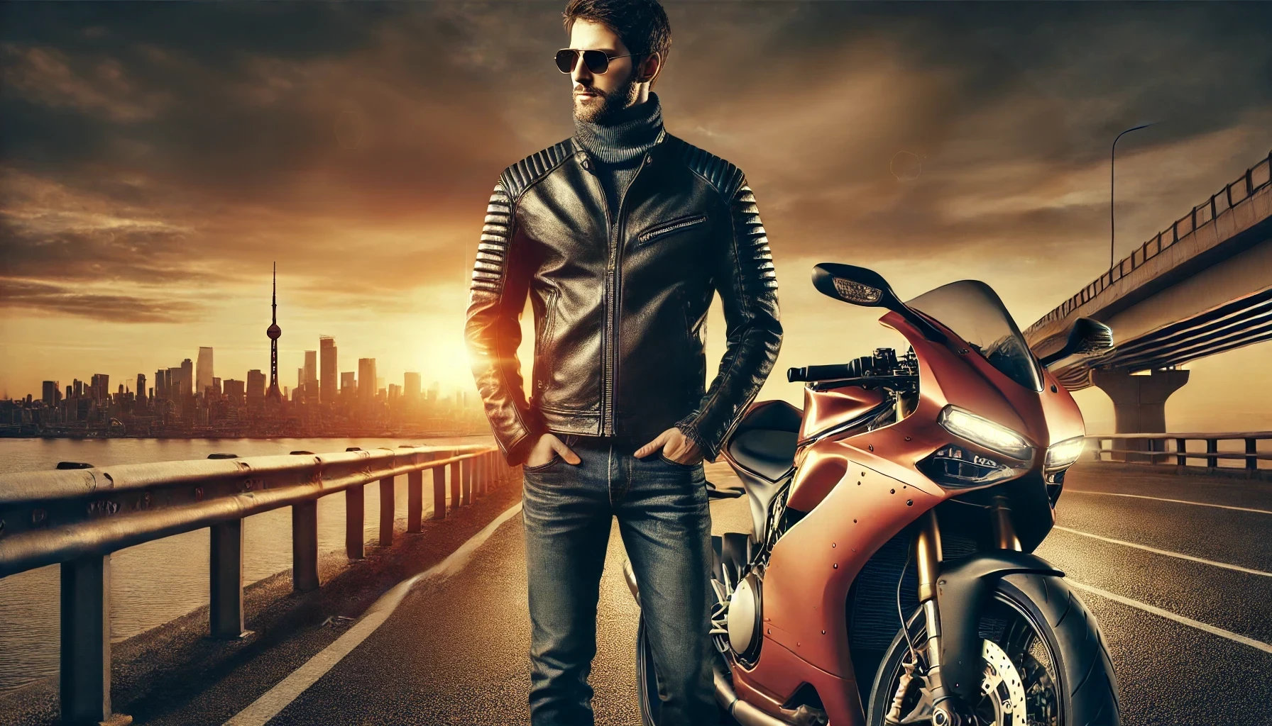 夕暮れの橋の上で高級バイクと佇む40代ライダー。資産価値のあるバイクを守るための生命保険見直しをイメージした写真