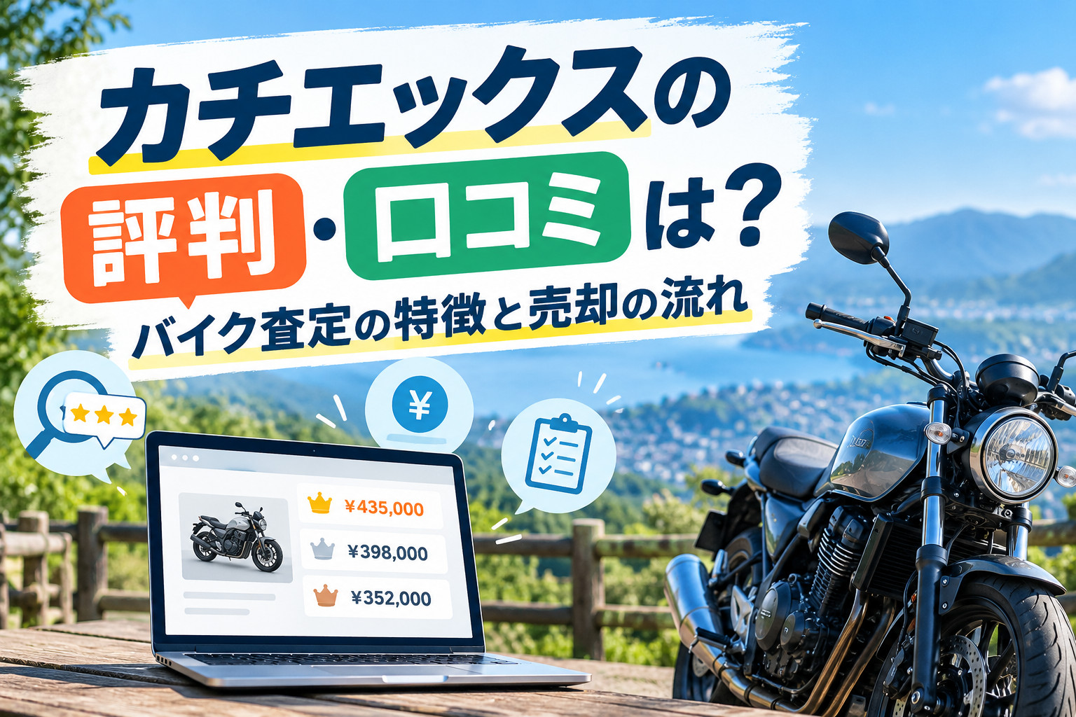 カチエックスの評判・口コミとバイク査定の特徴、売却の流れを紹介するアイキャッチ画像。バイクとオンライン査定画面を掲載。